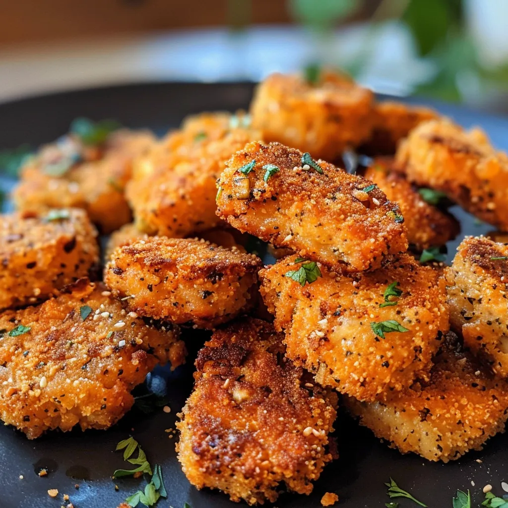 Close-up de nuggets veganos, mostrando pedaços de brócolis e batata em sua composição.