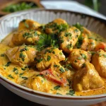 Close-up view of sautéed chicken in curry sauce with coconut milk and vegetables.