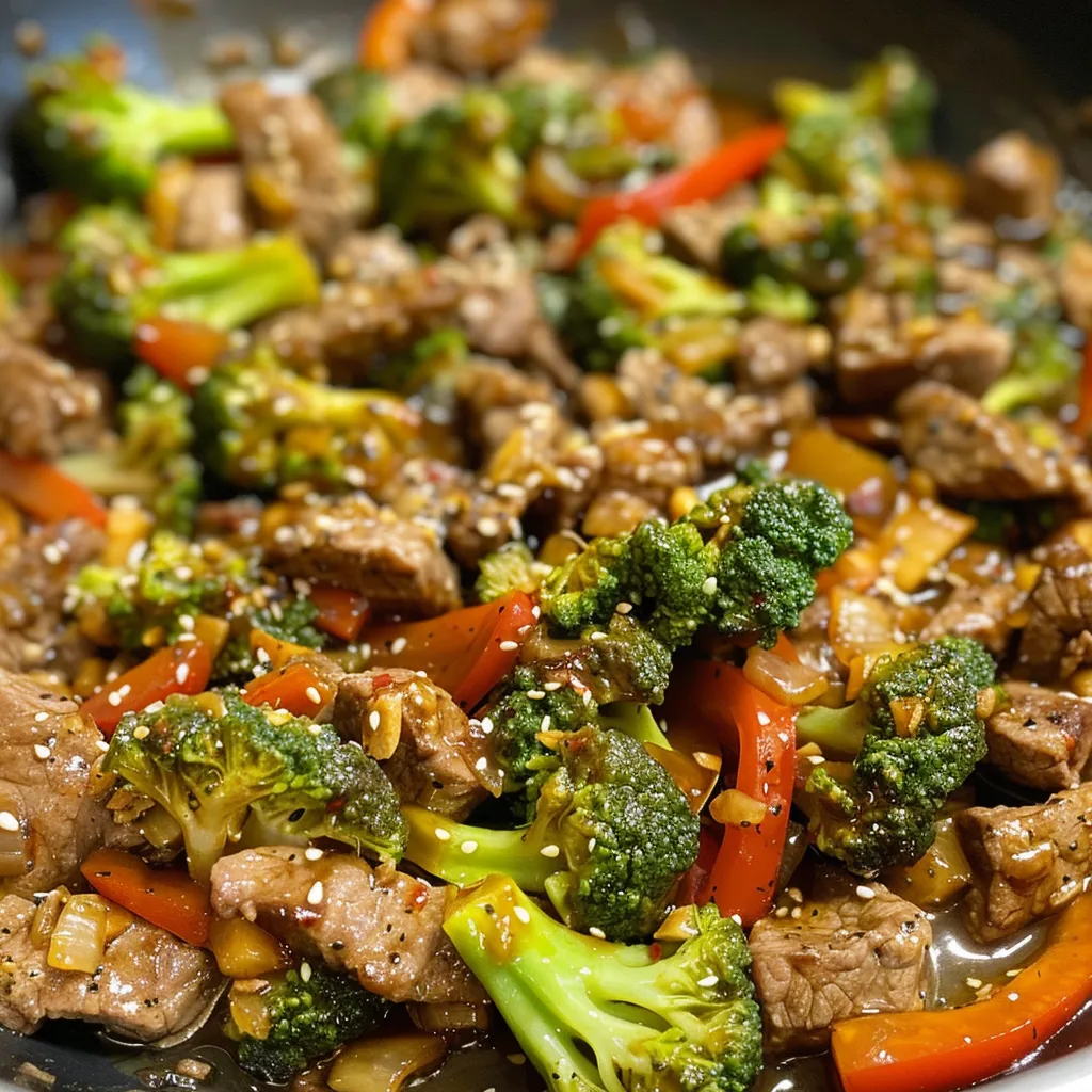 Imagem de um delicioso stir fry de carne e brócolis com legumes frescos.