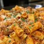 Visão lateral de uma porção suculenta de rigatoni assado, com queijo derretido.