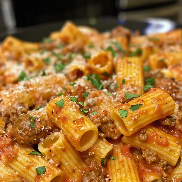 Visão lateral de uma porção suculenta de rigatoni assado, com queijo derretido.
