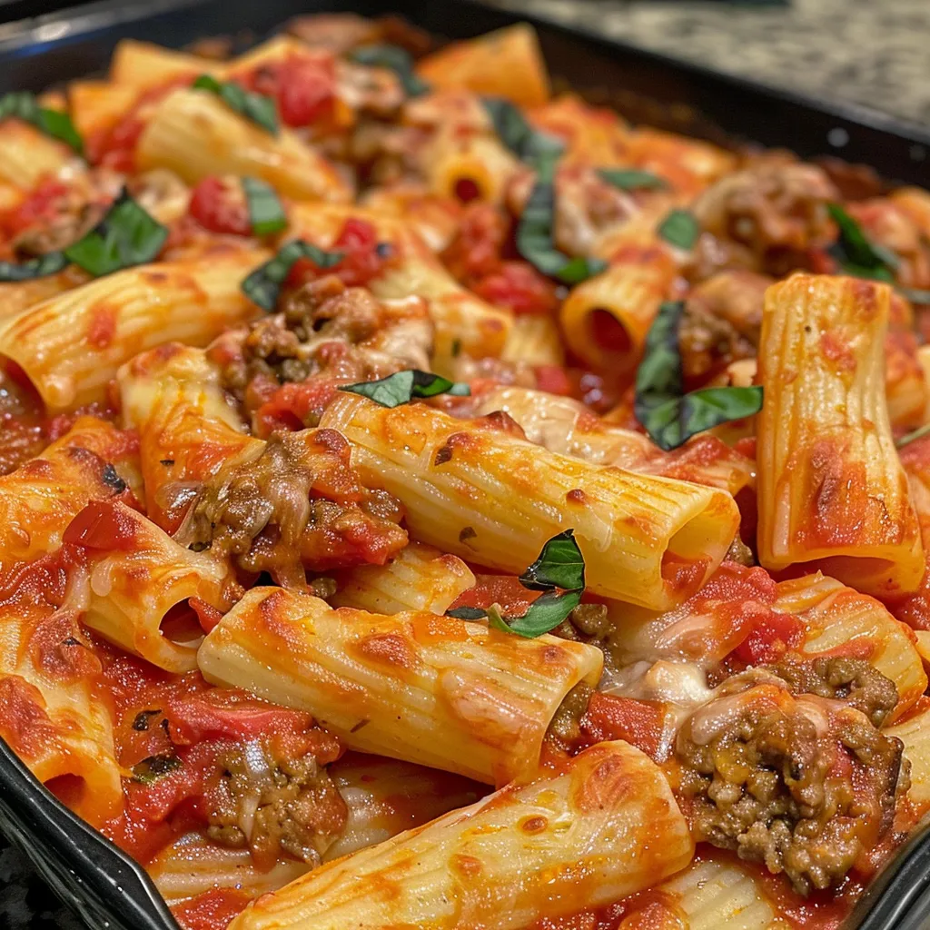 Close-up de rigatoni assado coberto com molho marinara e queijos gratinados.