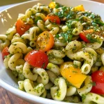 Salada de macarrão ao pesto com fusili tricolor e ingredientes frescos.
