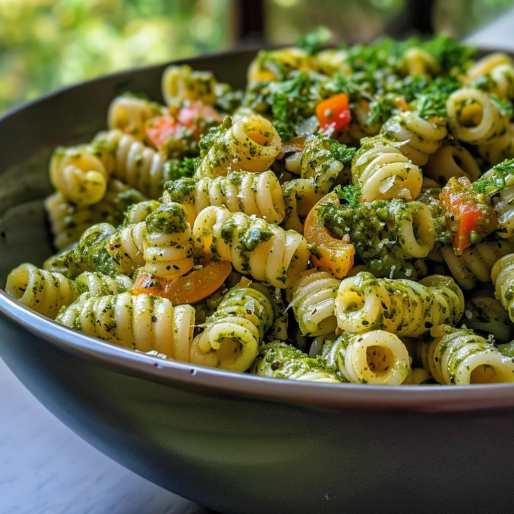 Close-up de salada de macarrão ao pesto com queijo, presunto e azeitonas.
