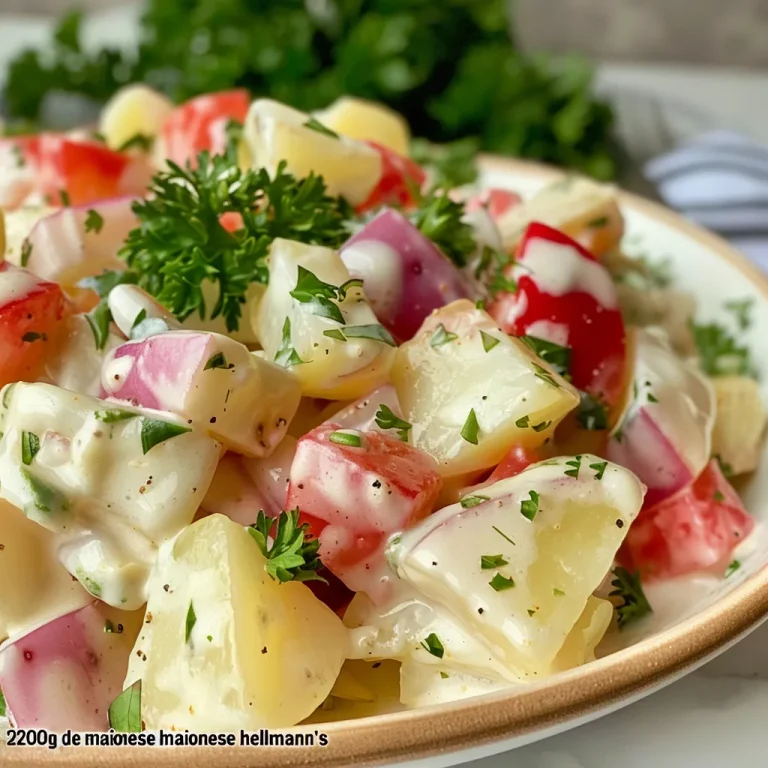 Close-up of a colorful Salada de maionese Natal with diced vegetables and a creamy dressing.