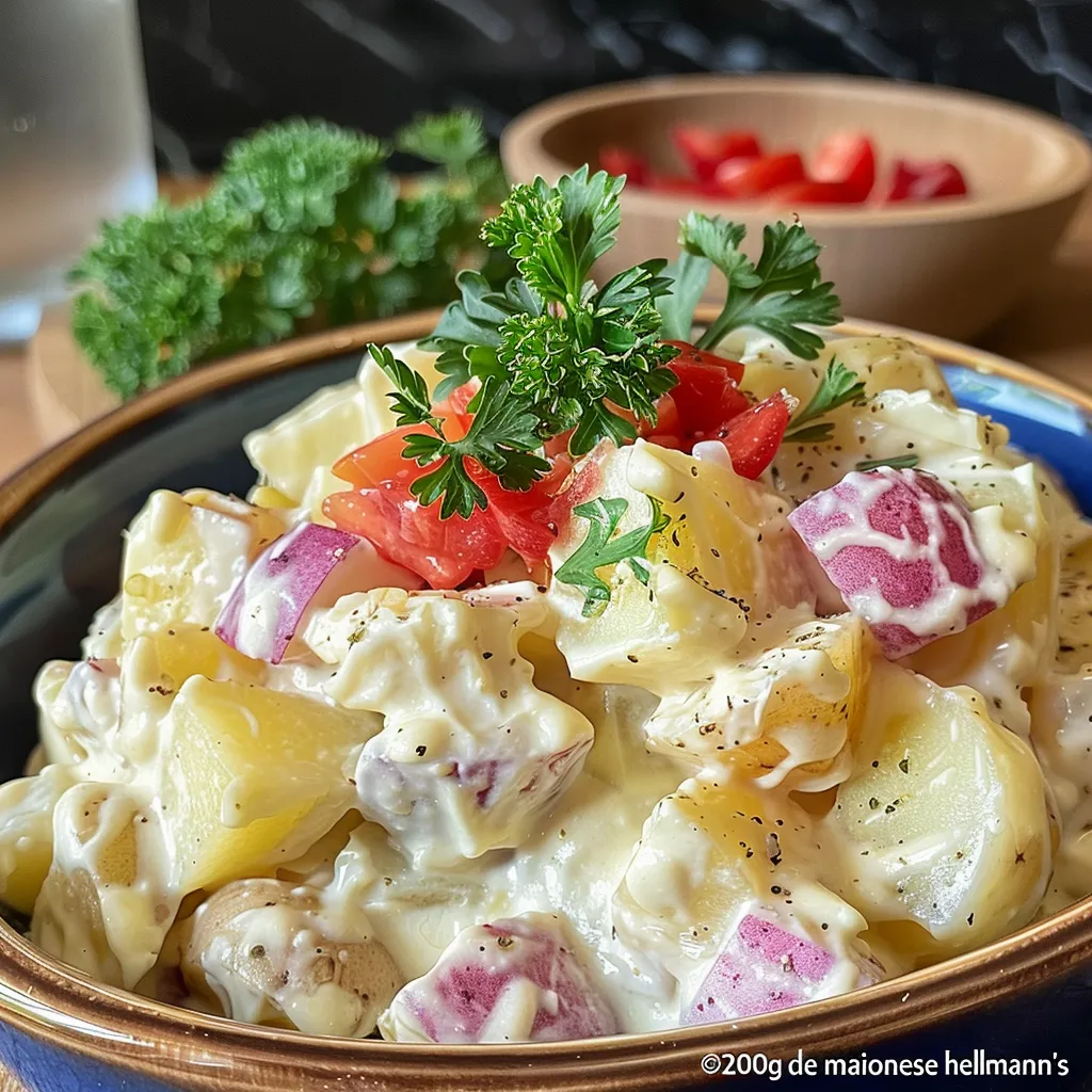 Side view of a vibrant Salada de maionese Natal on a plate, showcasing its fresh ingredients.