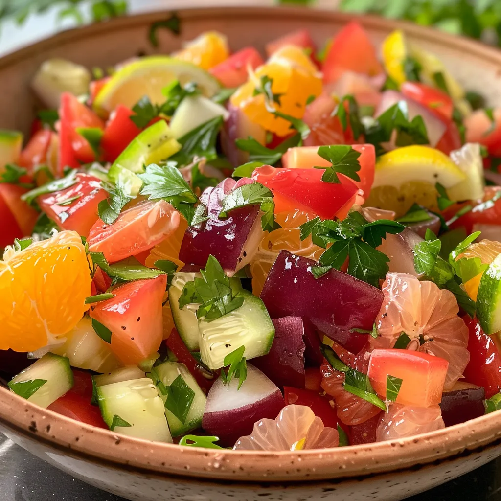 Close-up de uma salada colorida com romã, alface e laranjas, decorada com folhas de hortelã.