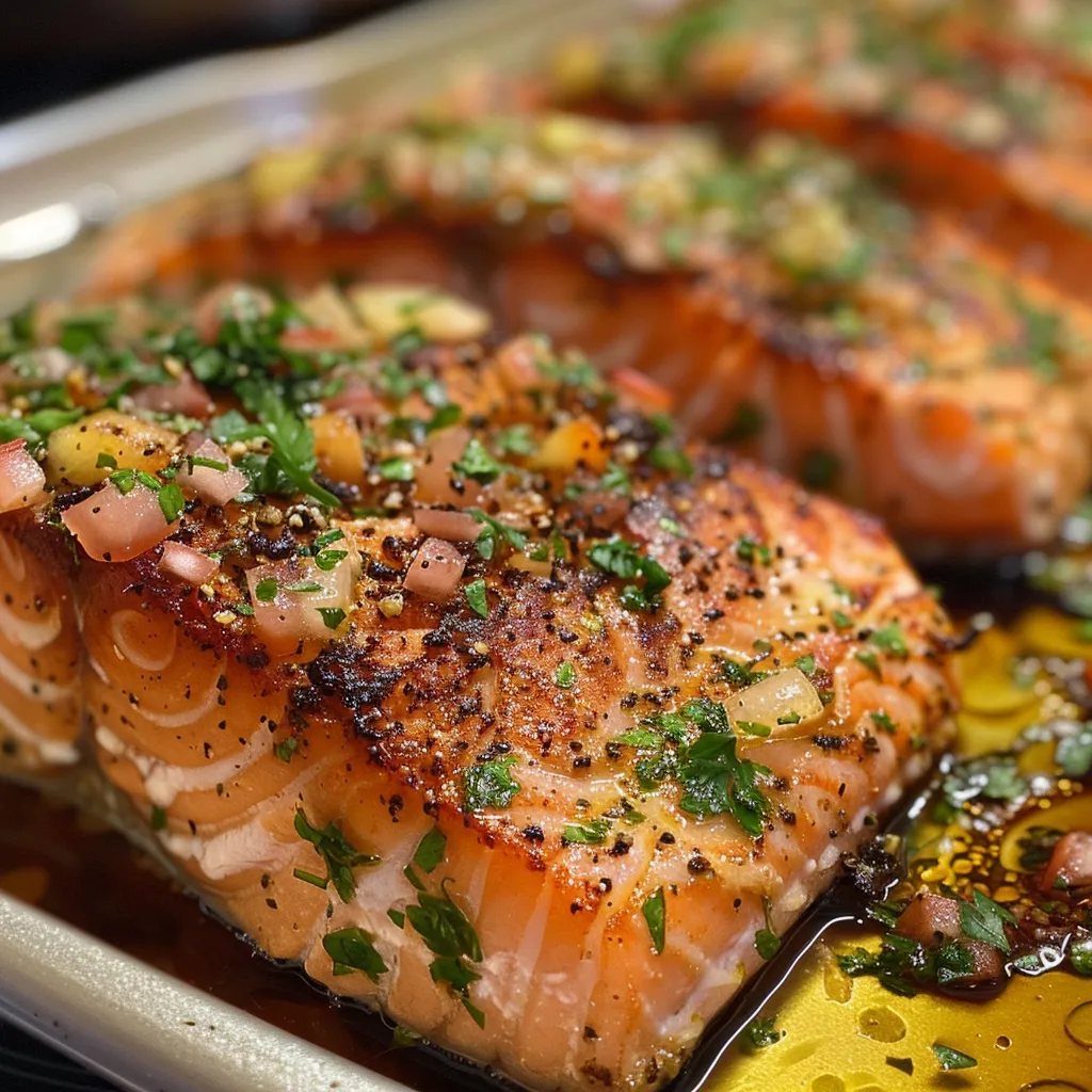 Close-up de salmão ao forno com crosta de pão e ervas aromáticas.