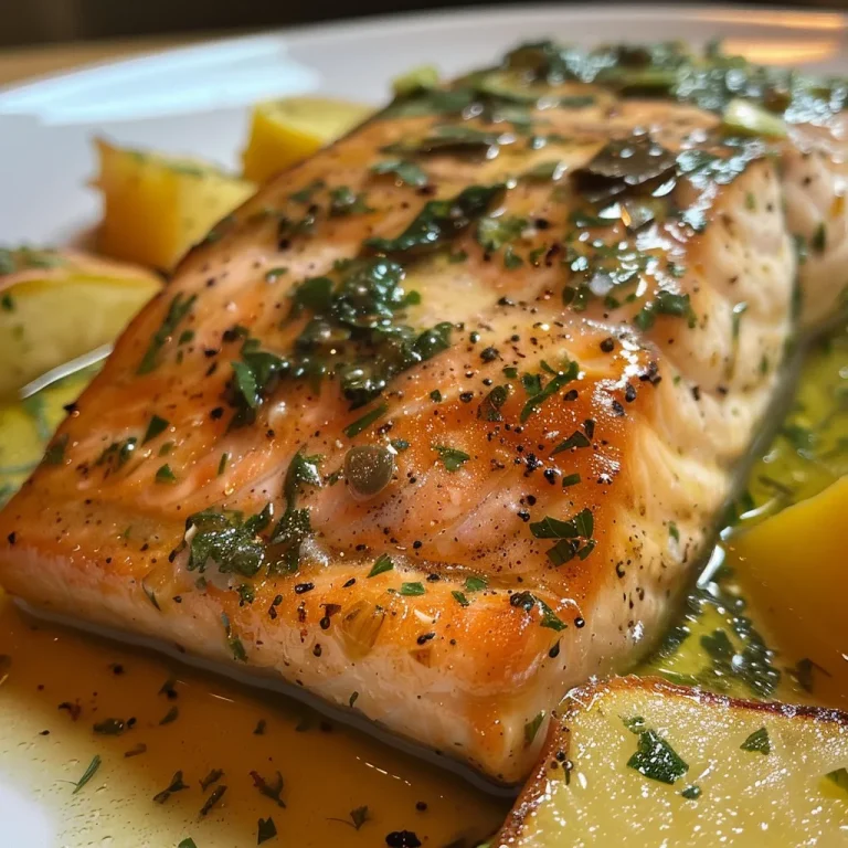 Descubra o Sabor Refrescante do Salmão Assado com Molho Cítrico e Alcaparras Close-up of a juicy roasted salmon fillet drizzled with citrus and caper sauce.