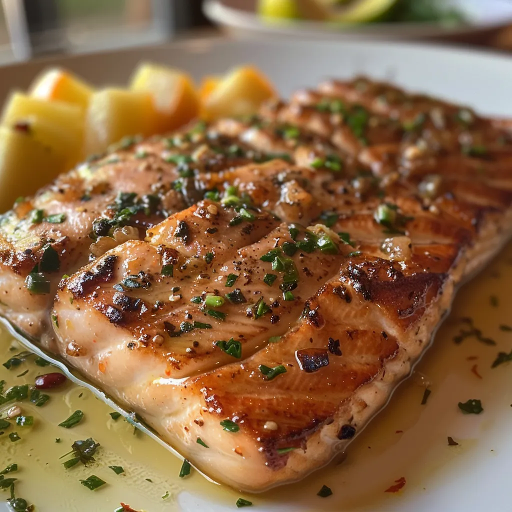 Side view of golden-brown roasted salmon topped with vibrant citrus sauce and capers.