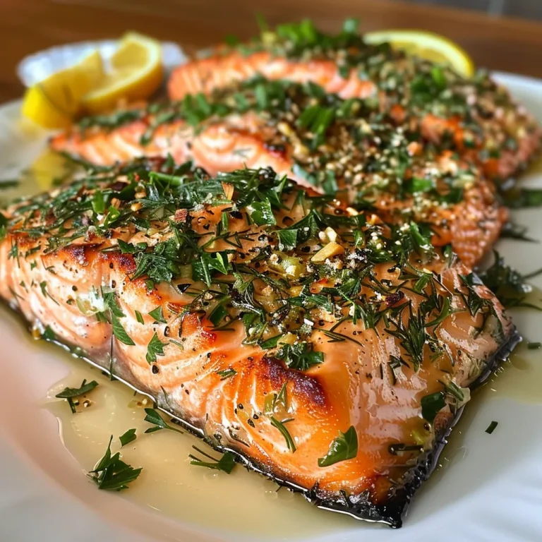 Close-up of a roasted salmon fillet with a herb crust on a white plate.