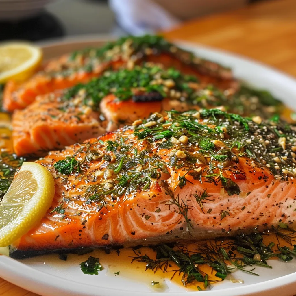 Side view of juicy salmon with a green herb topping and lemon wedges.
