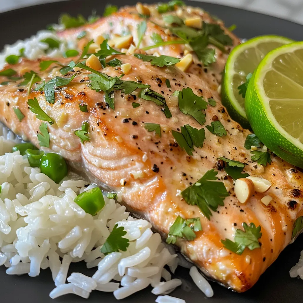 Juicy salmon fillets garnished with fresh cilantro and lime on a plate with coconut rice.