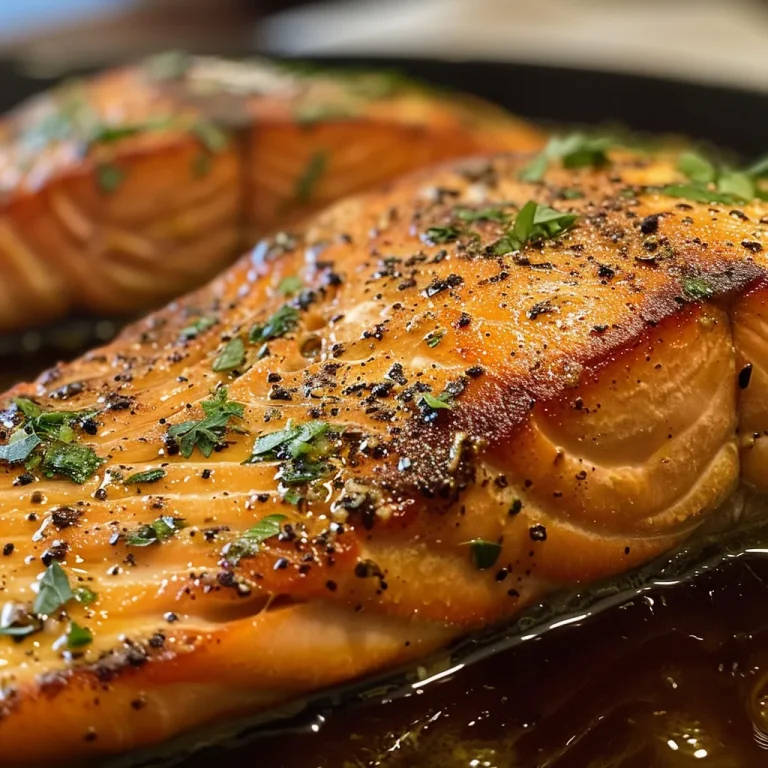Close-up of baked salmon garnished with lemon and dill.