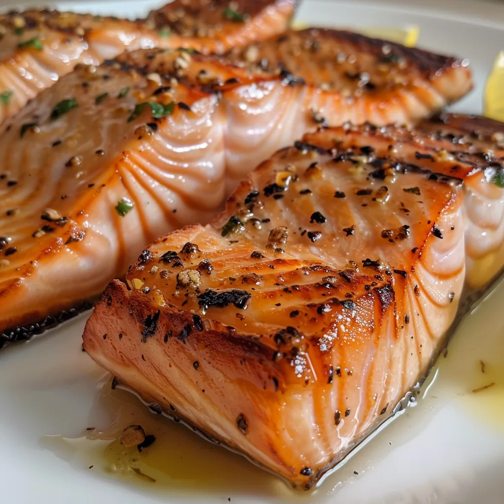 Juicy salmon fillet with lemon zest and dill on a plate.