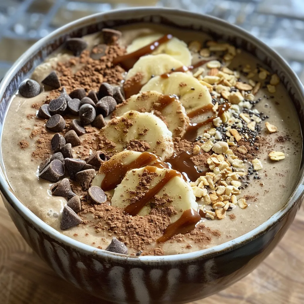 Tigela de smoothie de gengibre com camadas de ingredientes e guarnições.