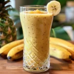 Close-up view of a refreshing Smoothie de Abacaxi e Banana in a glass.