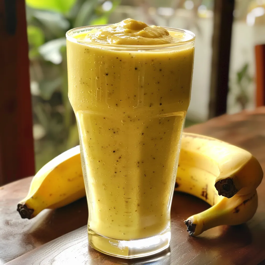 Side view of a vibrant yellow smoothie made with pineapple and banana.