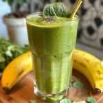 Close-up de um smoothie verde em um copo, com espinafre e abacaxi visíveis.