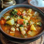 Close-up view of a bowl of Sopa de Legumes Light, showcasing colorful vegetables.