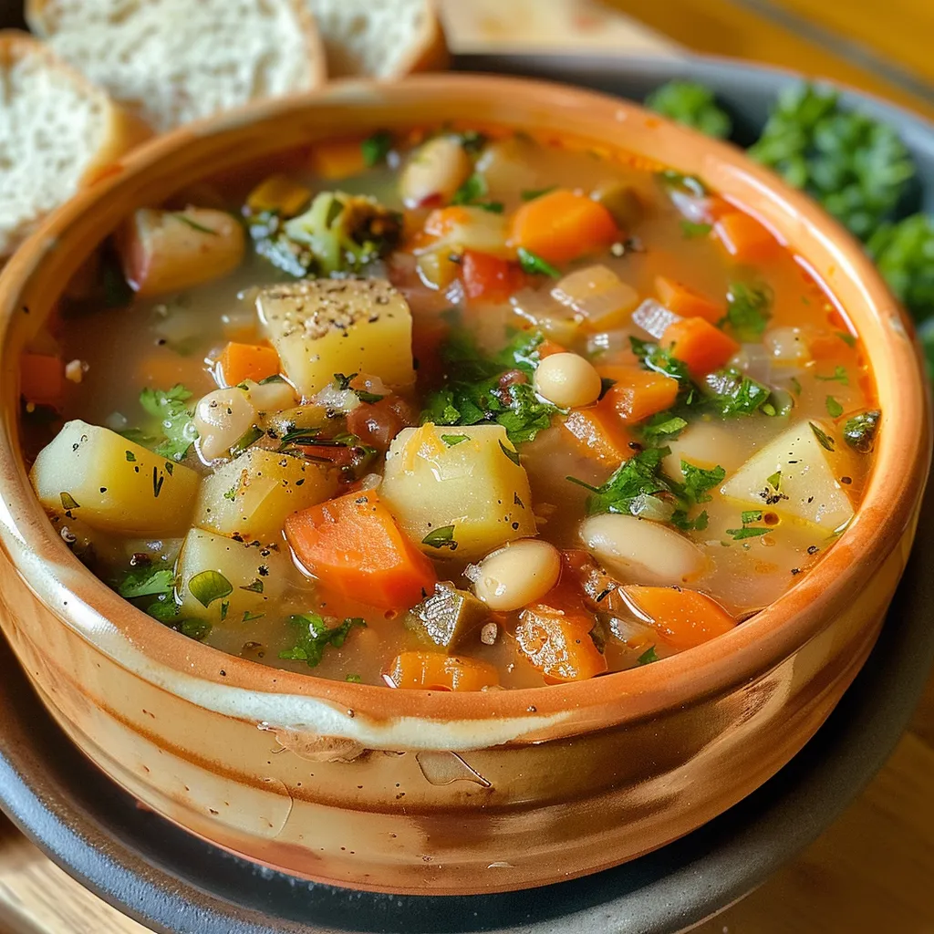 Side view of a rich vegetable soup with vibrant carrots, zucchini, and broccoli.