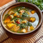 Close-up of Sopa Detox Nutritiva in a bowl, vibrant vegetables visible.