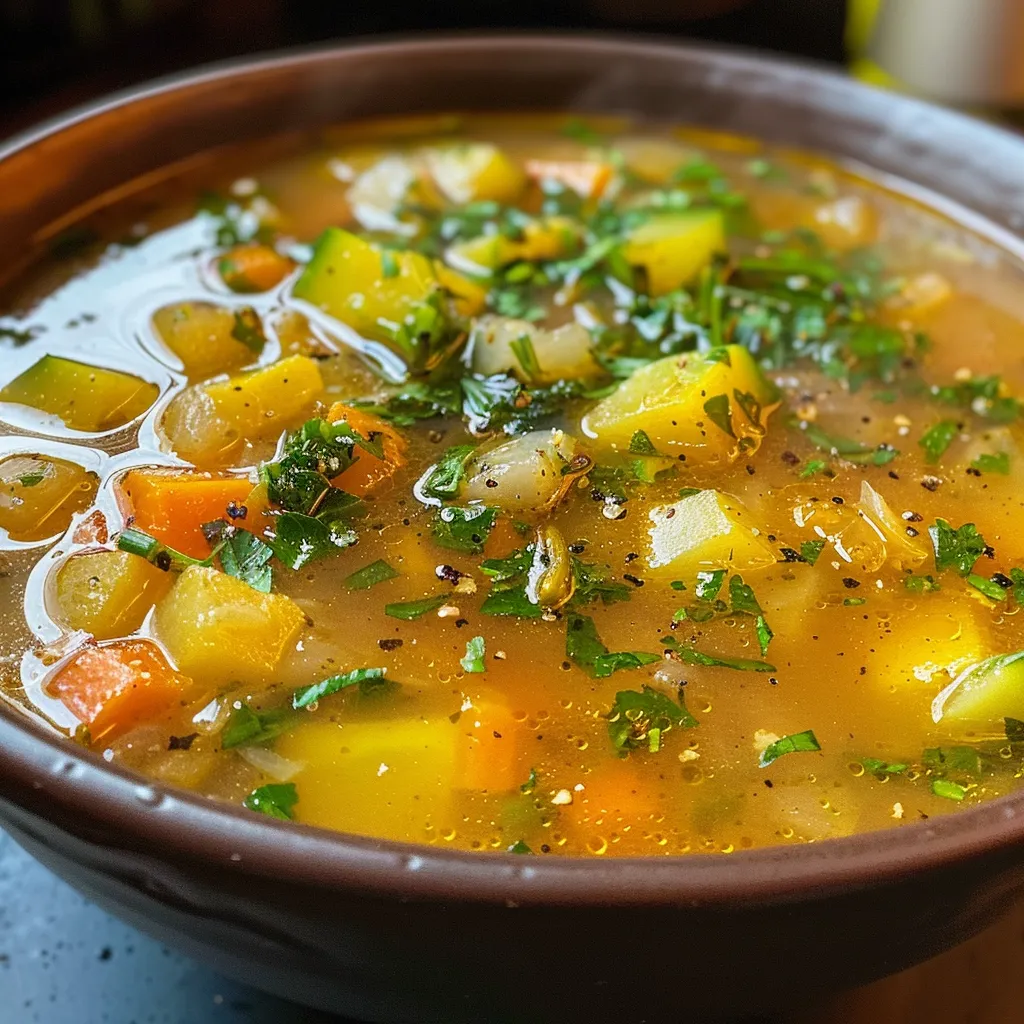 Side view of a colorful Detox Soup filled with fresh greens and vegetables.