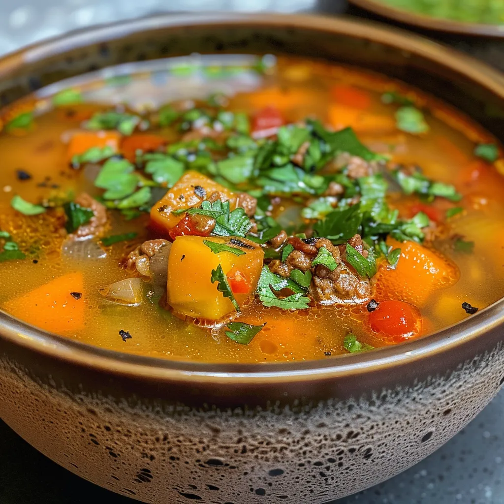 Side view of a bowl filled with a nutritious and steaming sopa detox ready to serve.