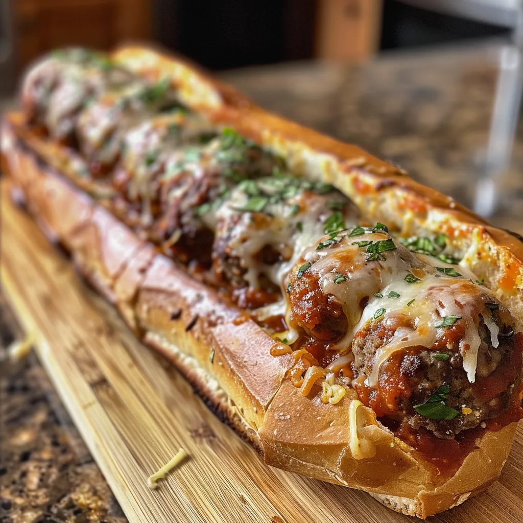 Side view of a juicy meatball sub overflowing with cheese and sauce.