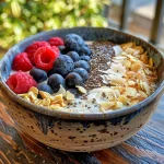 Close-up of a vibrant Superfood Bowl filled with chia seeds and fresh berries.