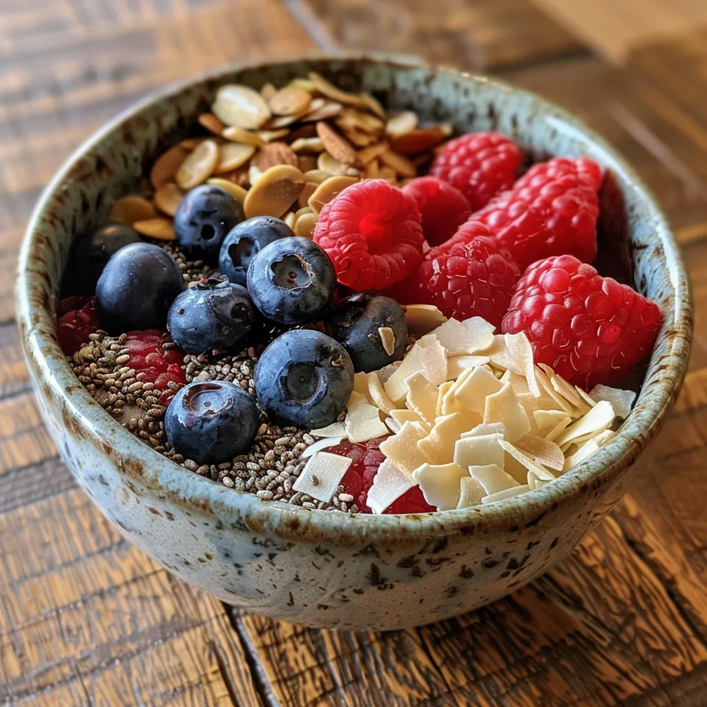 Side view of a colorful bowl featuring blueberries, raspberries, and almonds.