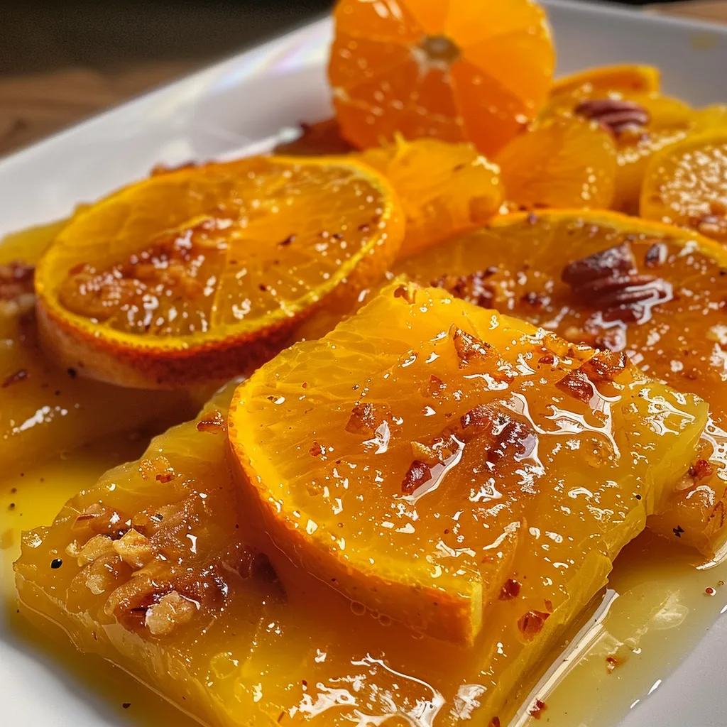 Side view of Tender ao Molho de Laranja e Mel, highlighting juicy texture and aromatic garnish.