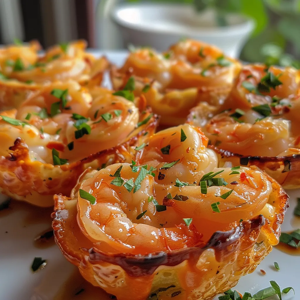Side view of savory shrimp pastries showcasing a flaky crust and creamy filling.