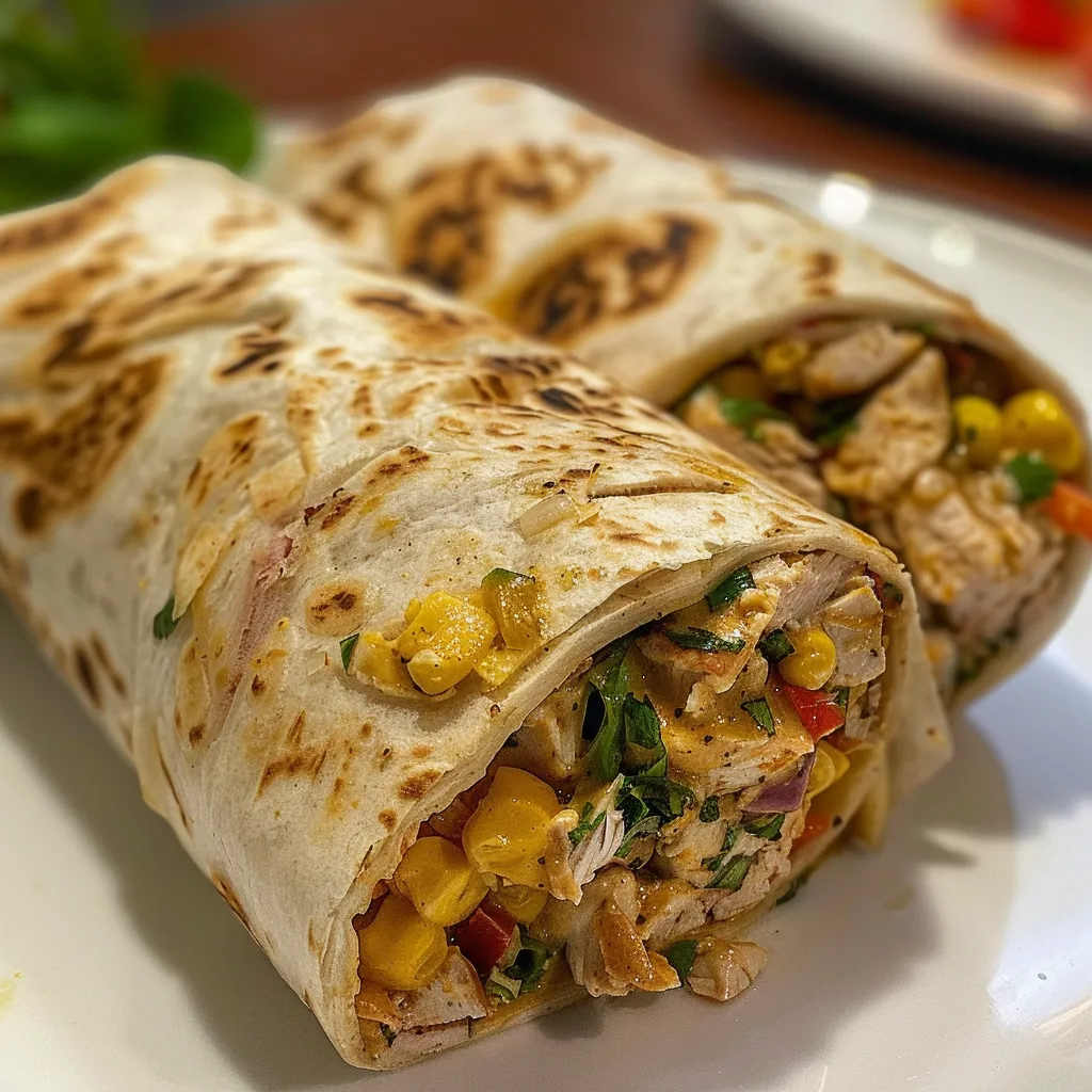 Side view of a juicy chicken wrap garnished with fresh ingredients.