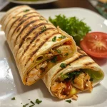 Wrap de Frango com peito de frango em tiras, alface e tomate em uma tortilha.