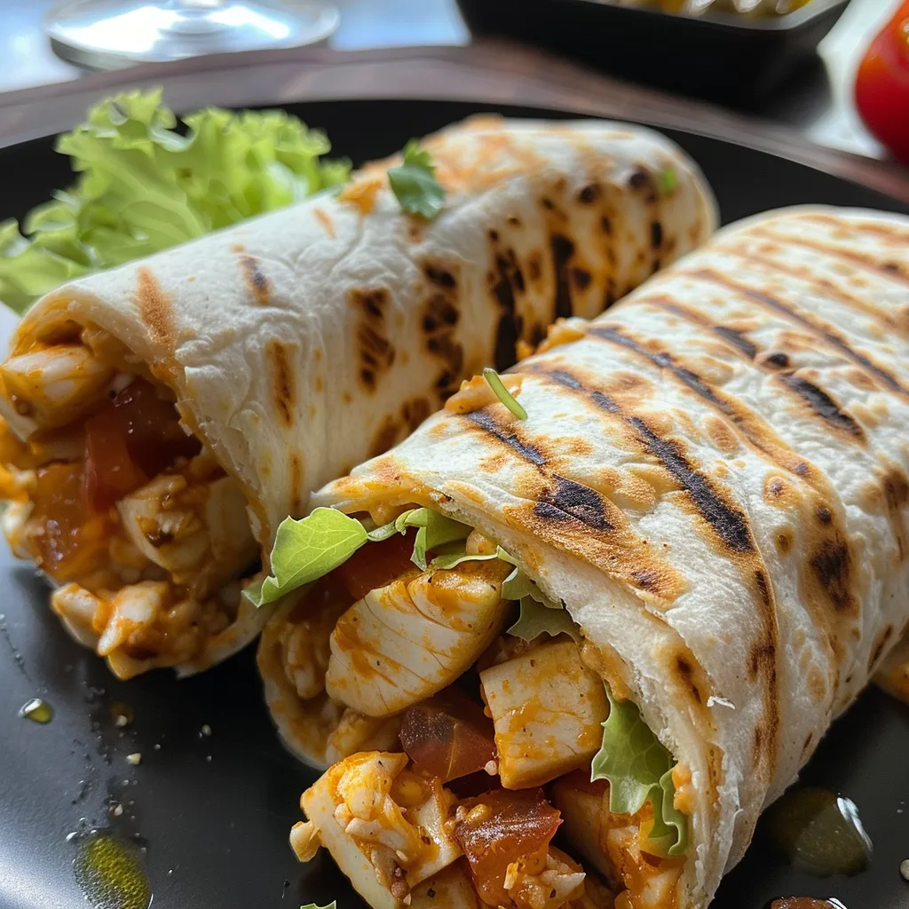 Vista lateral de um wrap de frango recheado com alface e tomate.
