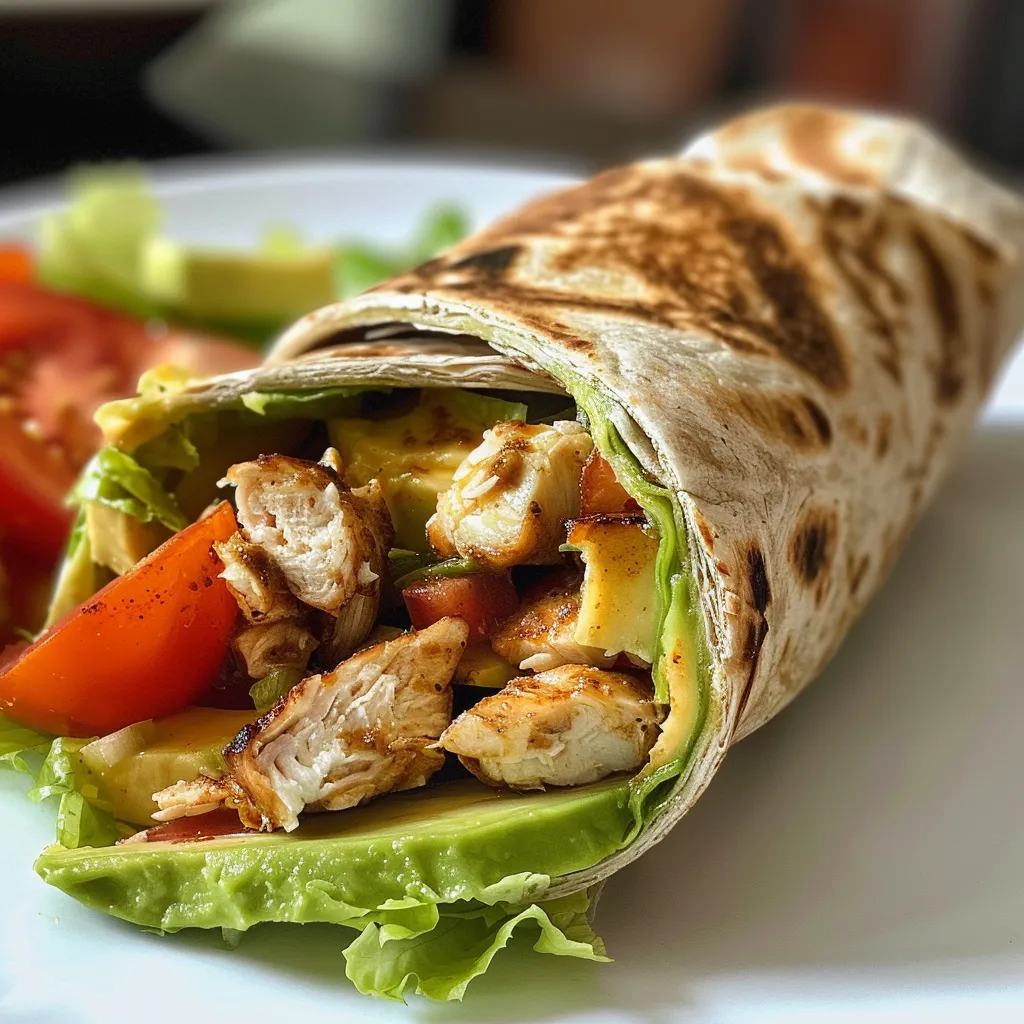 Close-up de uma tortilha integral recheada com frango e avocado.