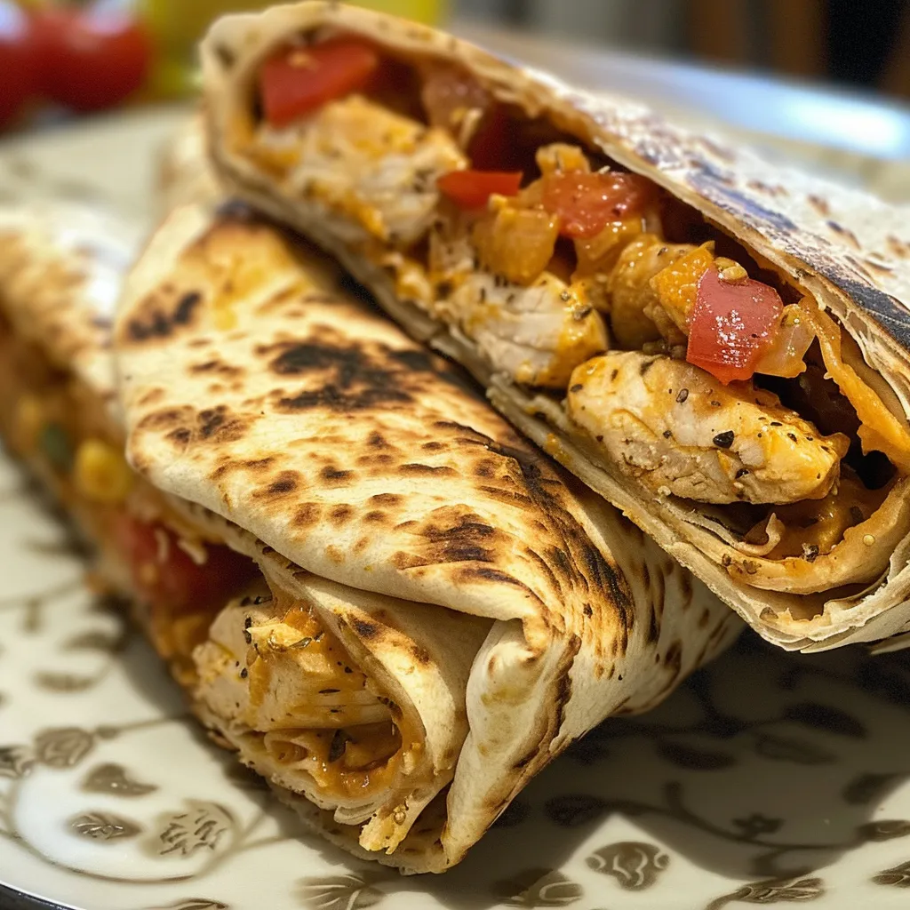 Wraps de frango grelhados apresentados de lado, mostrando camadas de recheio.