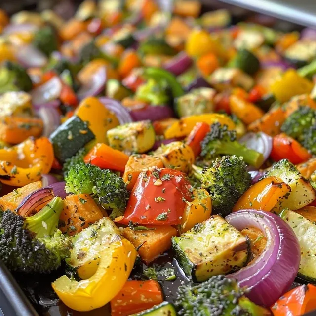 Descubra o Sabor Vibrante dos Vegetais Assados: Simples e Irresistíveis! Close-up de legumes assados variados, incluindo pimentões, abobrinha e batata-doce.