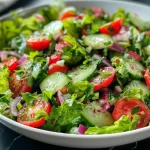 Close-up of a colorful green salad with tomatoes, cucumbers, and herbs.