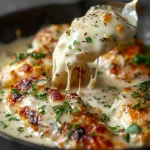 Close-up of juicy chicken breasts with garlic cheese sauce.