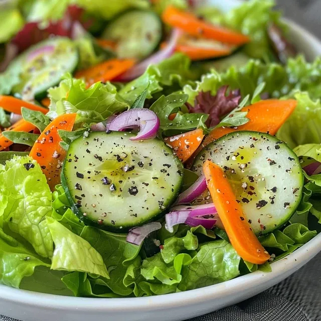 Salada verde simples em close, mostrando folhas frescas e ingredientes coloridos.