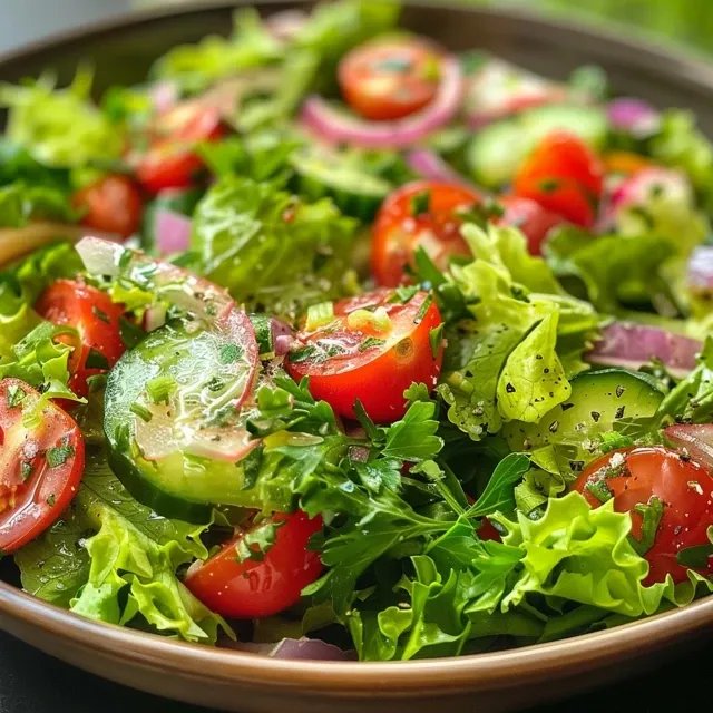 Side view of a fresh salad featuring mixed greens, cherry tomatoes, and lemon dressing.