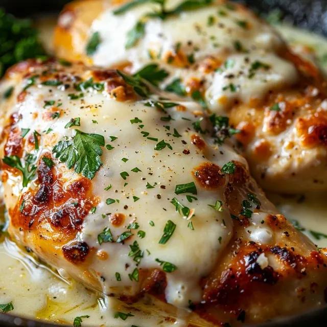 Side view of Peitos de Frango com Molho de Queijo e Alho plated with herbs.