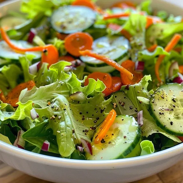Vista lateral de uma salada verde com cenoura ralada e fatias de pepino.