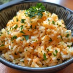 Close-up of a bowl of Arroz Básico, showcasing fluffy rice.
