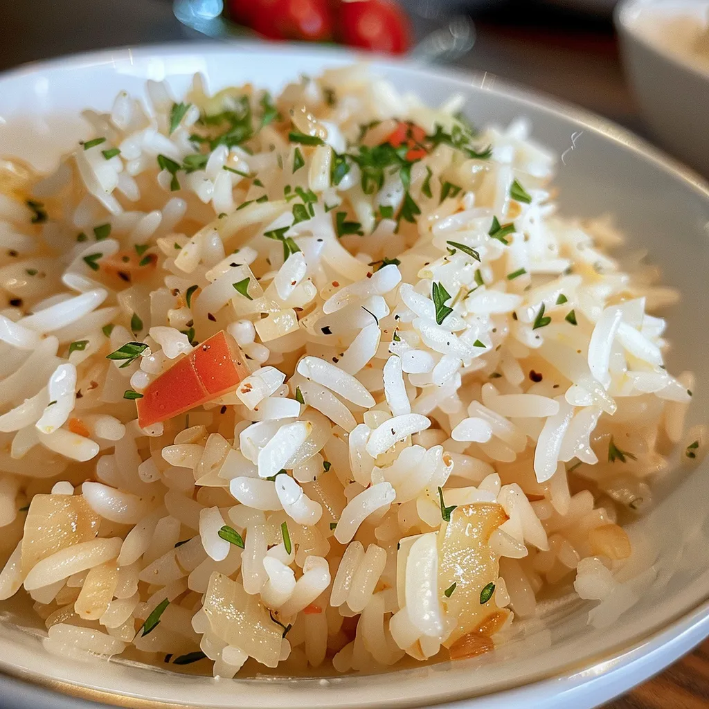 Side view of a delicious serving of Arroz Básico with steam rising.