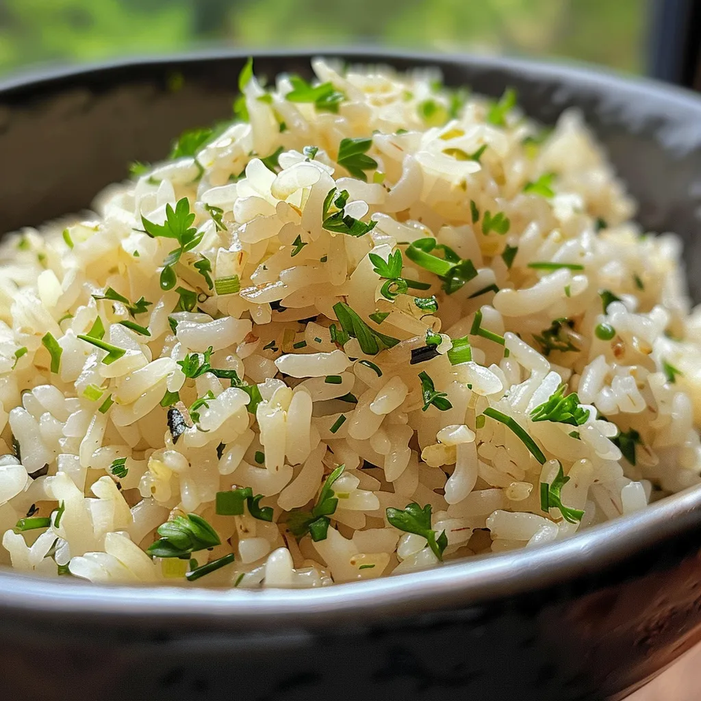 Vista lateral de arroz suculento no prato, bem cozido.