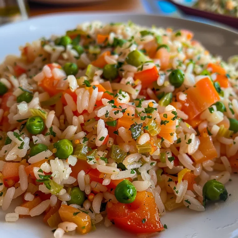 Close-up of colorful Arroz Primavera, featuring vegetables and diced ham.