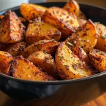 Batata rústica crocante com alecrim, cozidas na Air Fryer, vistas de lado.